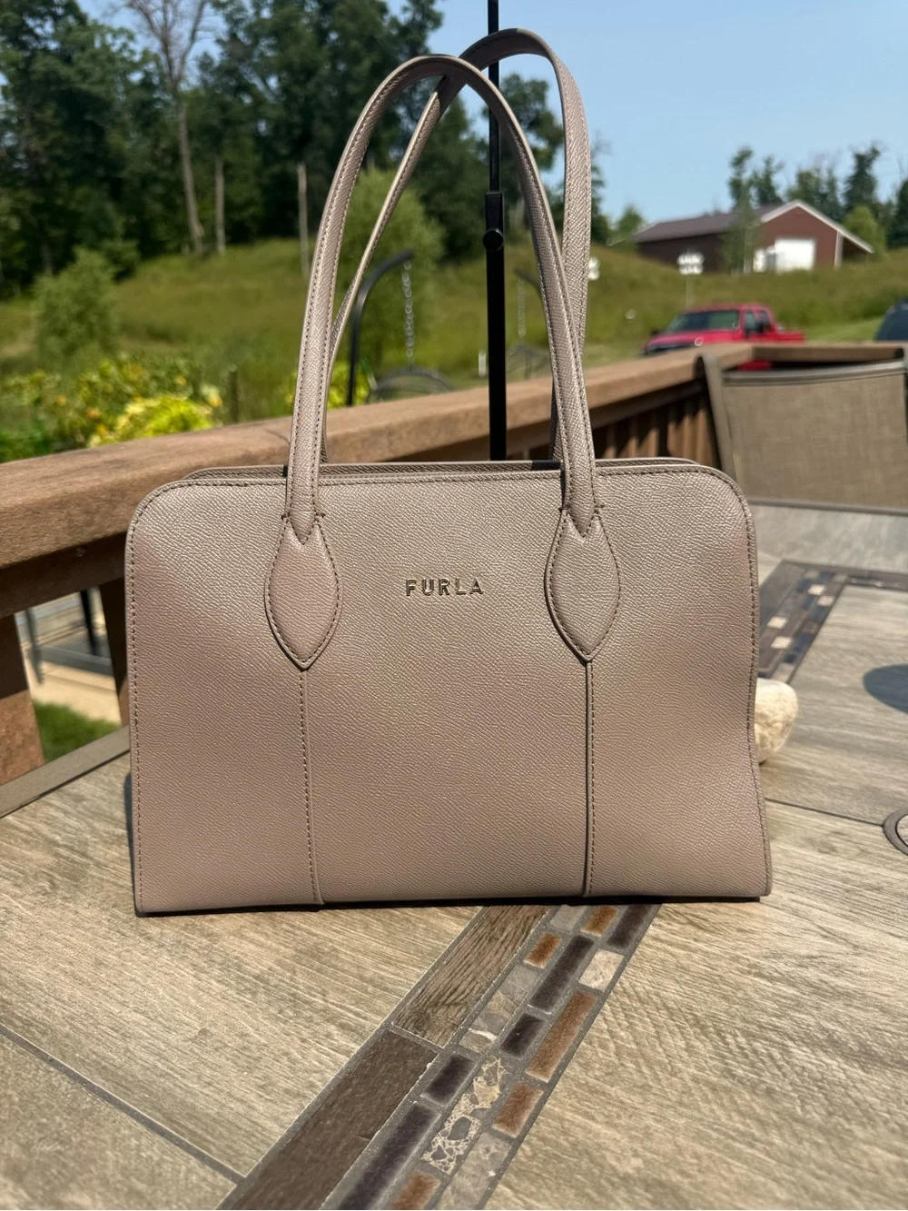 EUC Furla Vittoria Vintage Leather Beige Tote Bag